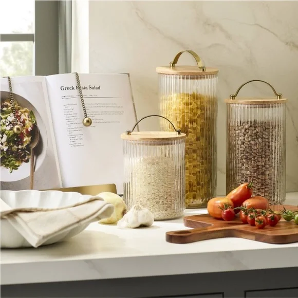 Set of 3 Fluted Glass Storage Canisters with Wood Lid - Thumbnail 4